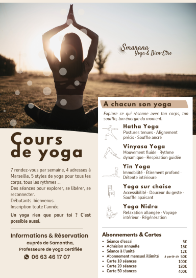 Informations sur les types de cours collectifs proposés par Smarana Yoga à Marseille.