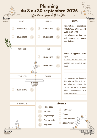 Planning des cours de yoga Smarana du 8 au 30 septembre 2025 avec styles, lieux et horaires.