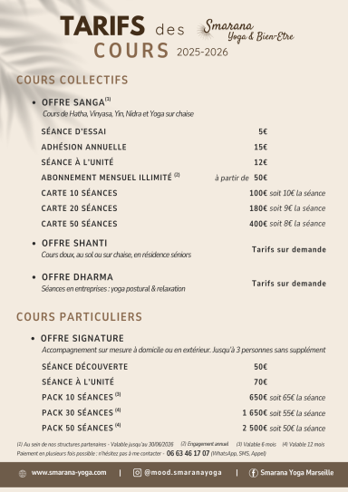 Grille des tarifs des cours Smarana Yoga, avec abonnements, cartes et séances à l’unité.